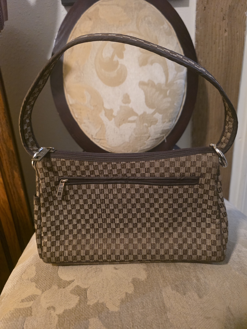 Brown Check Pattern Shoulder Bag with Front Zip Pocket